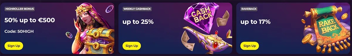 Three casino promo cards on a purple gradient background: Highroller Bonus “50% up to €500” with a fantasy queen, Weekly Cashback “up to 25%” with a gem and armored glove, and Rakeback “up to 17%” with a coin-filled banner, each with a Sign Up button.