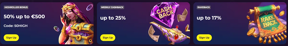 Three casino promo cards on a purple gradient background: Highroller Bonus “50% up to €500” with a fantasy queen, Weekly Cashback “up to 25%” with a gem and armored glove, and Rakeback “up to 17%” with a coin-filled banner, each with a Sign Up button.