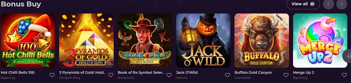 “Bonus Buy” row on a dark casino site featuring large slot thumbnails like Hot Chilli Bells 100, 3 Pyramids of Gold, Book of Ra bonus buy, Jack O’Wild, Buffalo Gold Canyon, and Merge Up 2, with heart icons and a “View all” button.