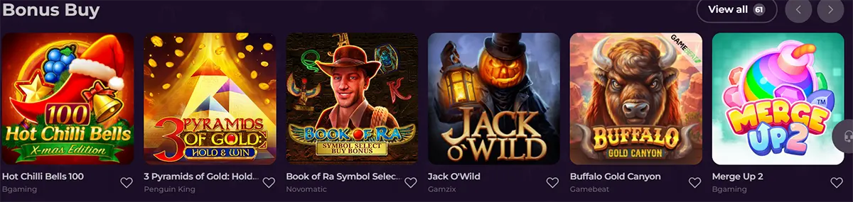 “Bonus Buy” row on a dark casino site featuring large slot thumbnails like Hot Chilli Bells 100, 3 Pyramids of Gold, Book of Ra bonus buy, Jack O’Wild, Buffalo Gold Canyon, and Merge Up 2, with heart icons and a “View all” button.