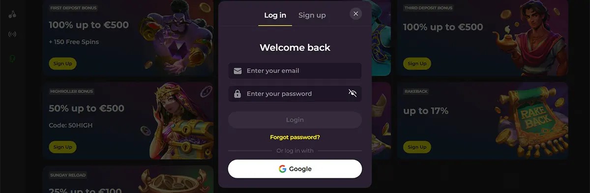 Dark casino bonuses page blurred in the background with a centered “Welcome back” login modal showing Log in/Sign up tabs, email and password fields, a “Forgot password?” link, and a Google sign-in button.
