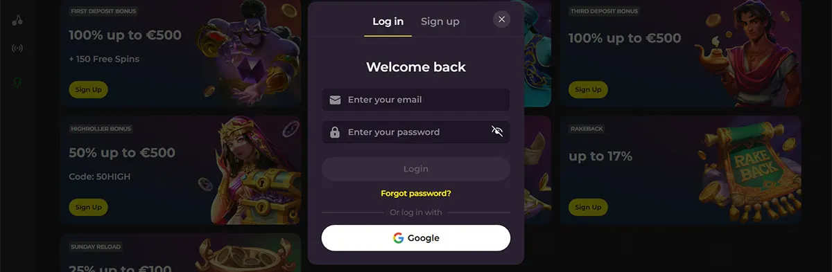 Dark casino bonuses page blurred in the background with a centered “Welcome back” login modal showing Log in/Sign up tabs, email and password fields, a “Forgot password?” link, and a Google sign-in button.